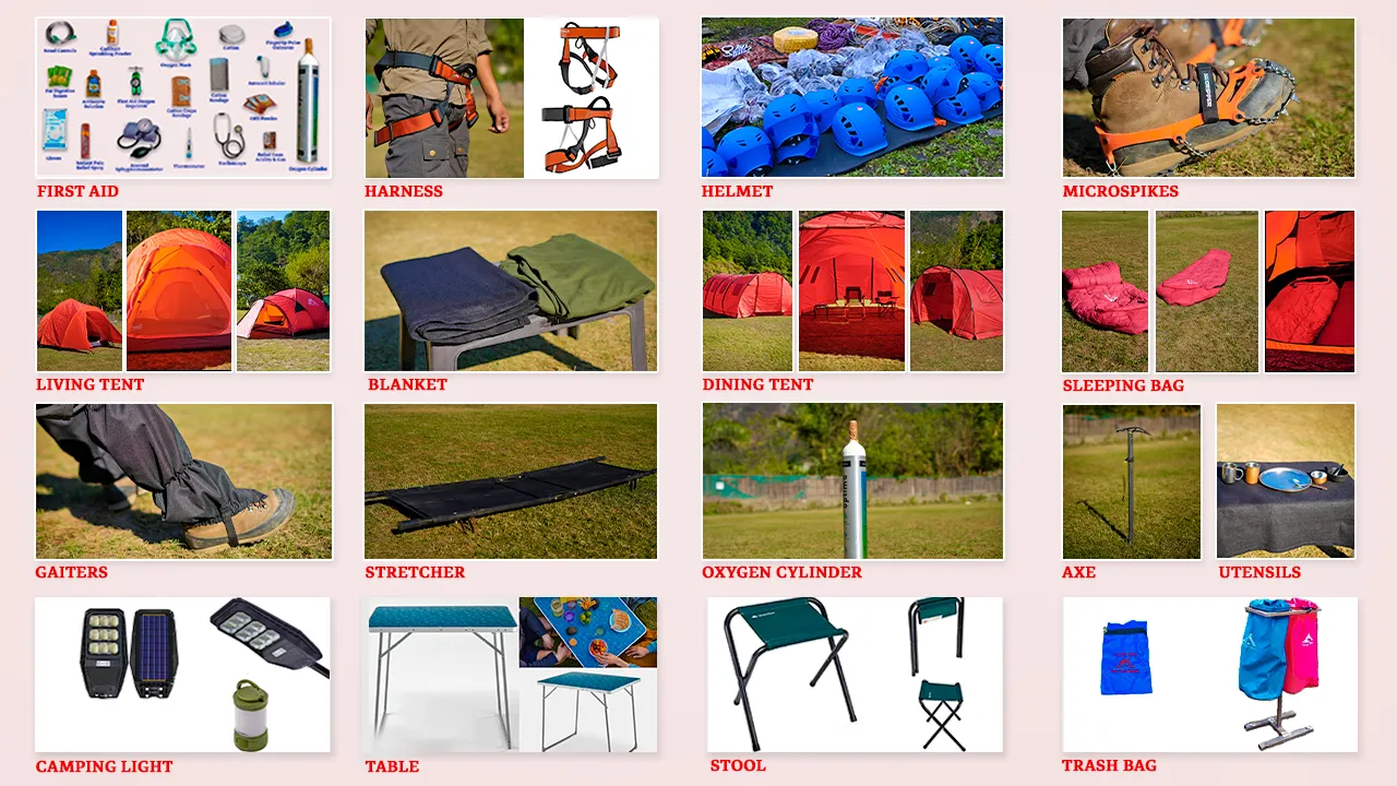 Image shows the emergency equipment including safety gears and first aid