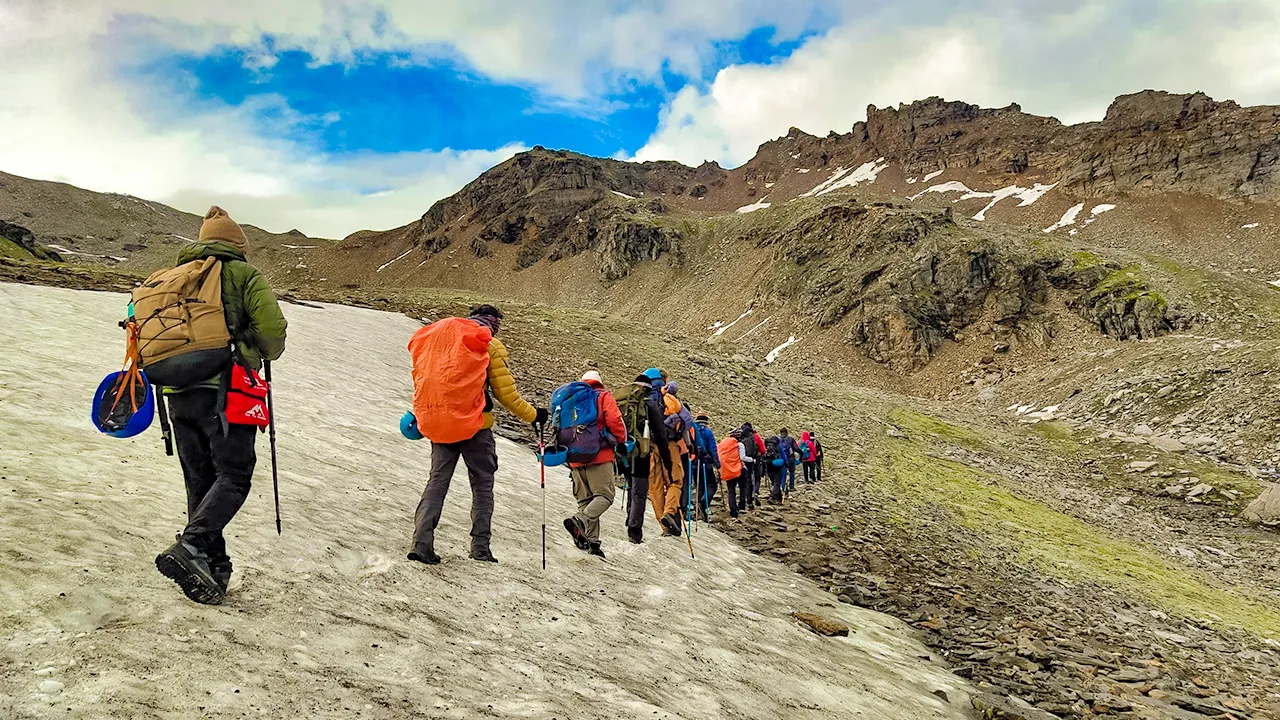 Trekker are crossing through sangla valley during rupin pass
