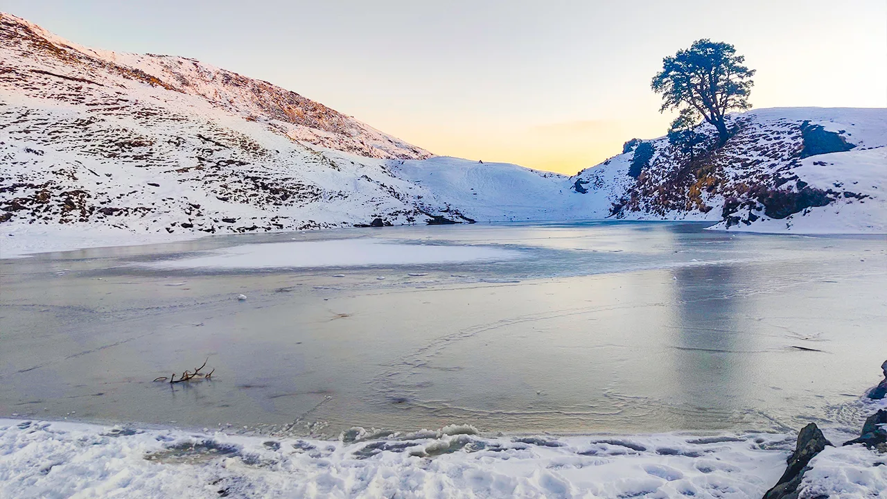 Winter view of the frozen Brahmatal Lake